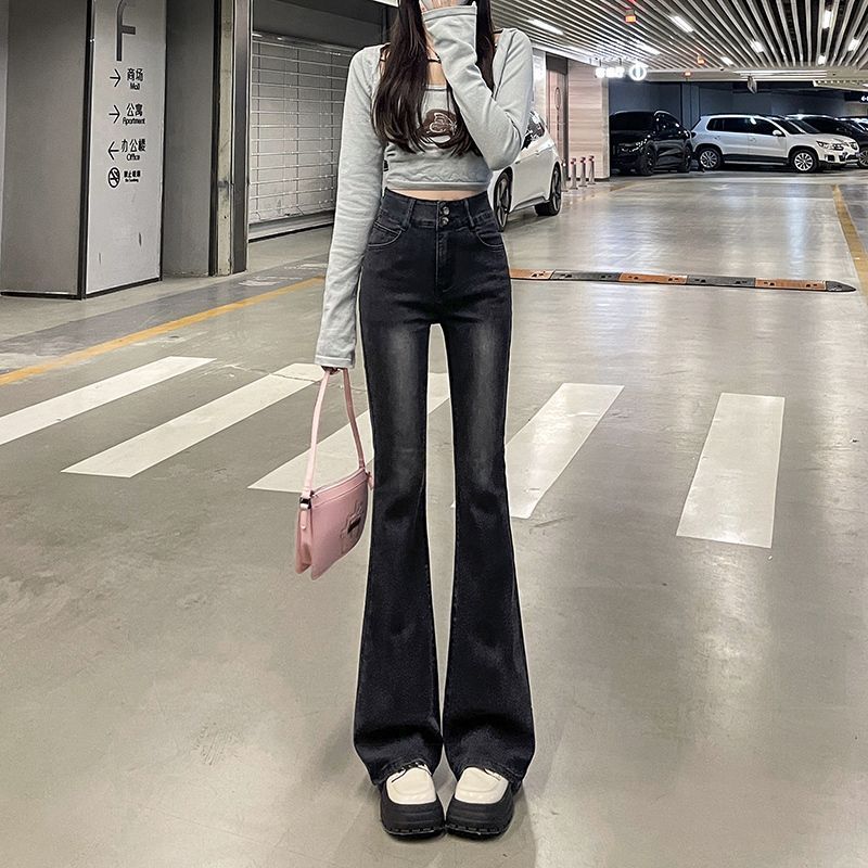 黑灰色高腰微喇叭牛仔褲女2023春新款彈力修身顯瘦煙灰馬蹄褲