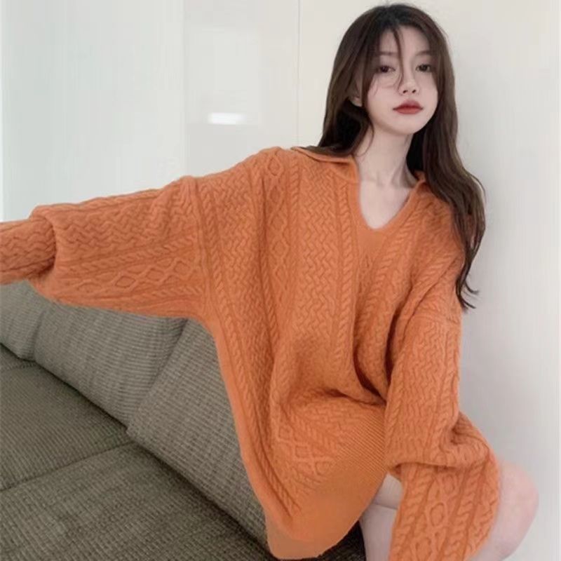 翻領麻花毛衣外套女2023秋冬新款寬鬆慵懶風甜美時尚針織上衣套頭