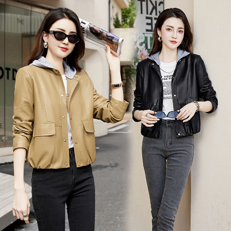 Leather jacket for women, short, versatile, slimming, small characters,  new Haining high-end and high-end motorcycle wear