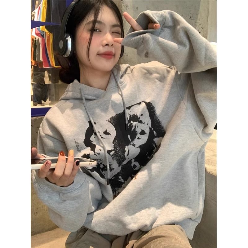 灰色連帽衛衣女春秋季新款美式復古印花寬鬆顯瘦oversize長袖上衣