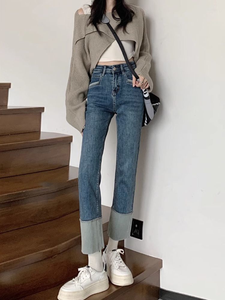 Retro cuffed straight jeans for women in autumn new style washed high-waisted slim fit versatile cigarette pipe nine-point pants