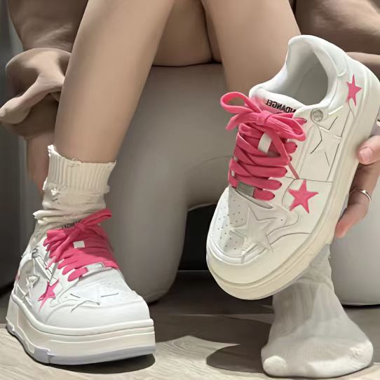高颜值板鞋女韩版ins撞色厚底小众设计粉色星星鞋百搭休闲小白鞋