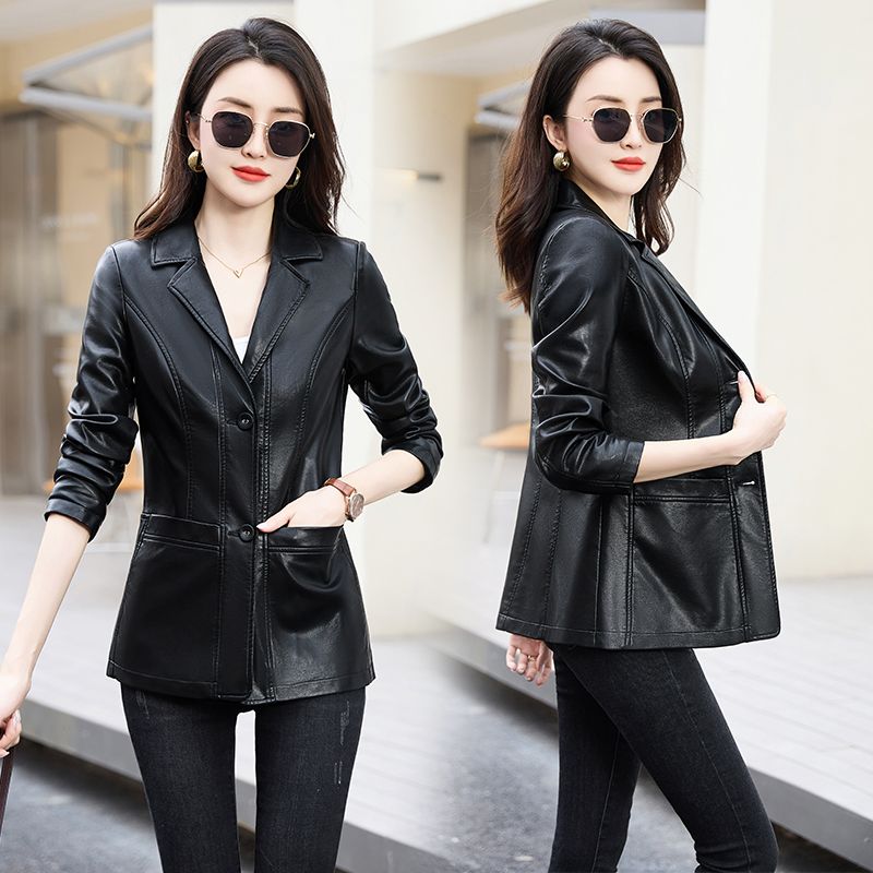 Spring and Autumn Women's Leather Jacket  New Jacket Slim Waist Fashionable Slim Mid-Length Motorcycle Jacket