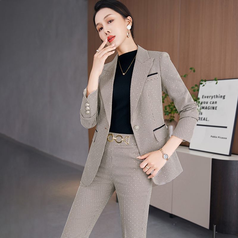 Houndstooth suit suit for women, autumn and winter plaid, high-end wide-leg pants, temperament, professional formal wear, bell-bottom pants two-piece set
