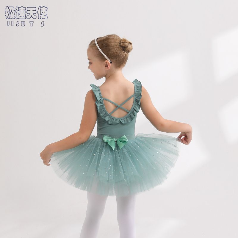 儿童舞蹈服夏季新款女童绿色纯棉练功服幼儿芭蕾舞亮片纱裙中国舞