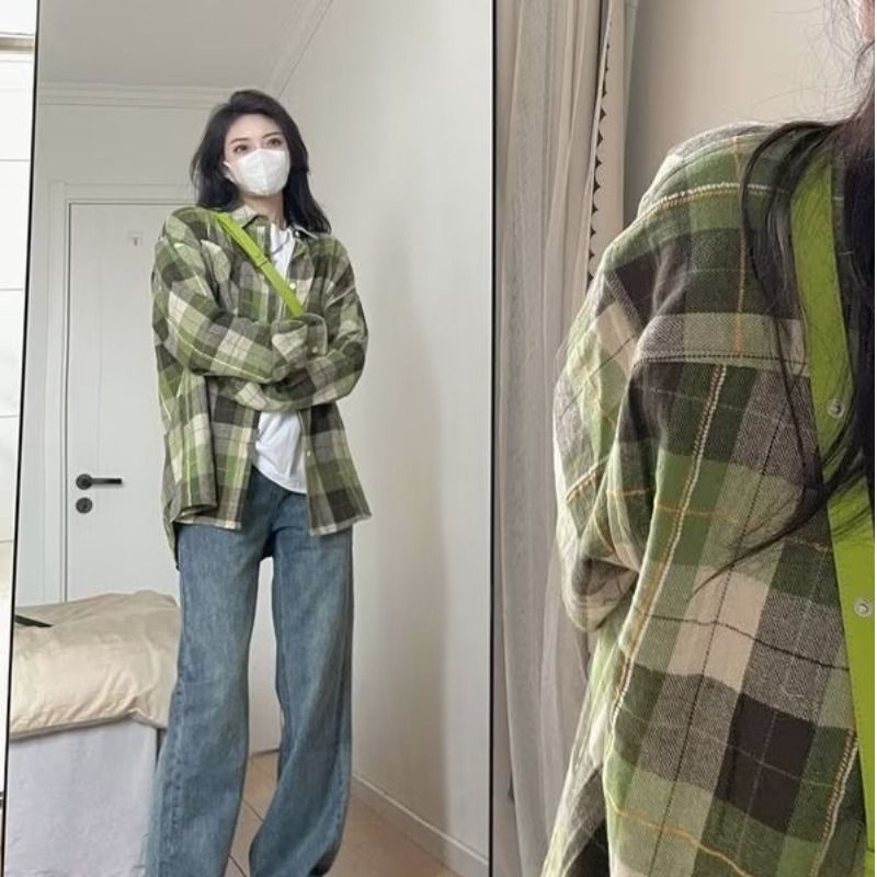 Spring and Autumn Retro Plaid Shirt Women's Outerwear Mid-Length Shirt Jacket Covering Buttocks Design High-end Long Sleeve Trendy