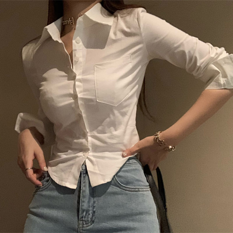 秋季純欲辣妹風修身收腰顯瘦短款性感白色襯衫女長袖前台工作服