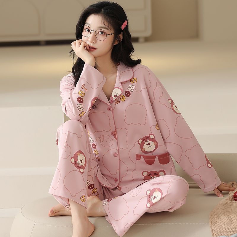 高檔純棉睡衣女春秋款休閒開衫長袖寬鬆套裝冬天月子家居服可外穿