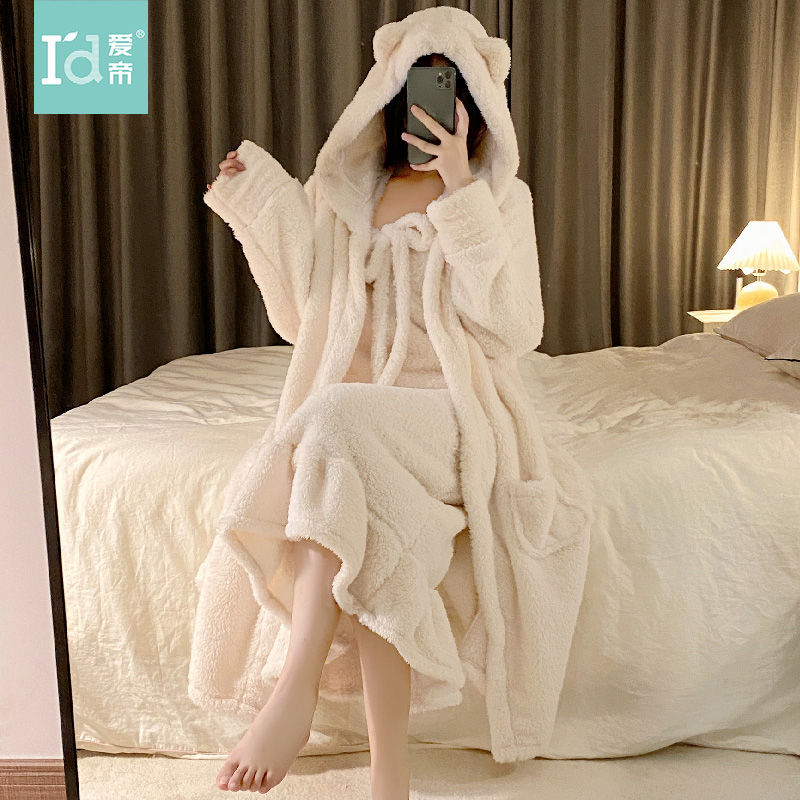 愛帝珊瑚絨睡衣女冬季性感睡裙甜美加厚保暖睡袍家居服爆款