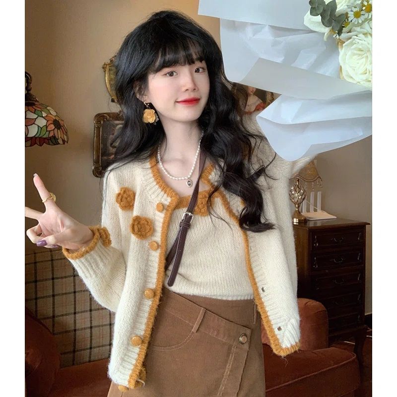 溫柔風花朵針織開衫毛衣外套+氣質吊帶2023冬季新款背心兩件套女