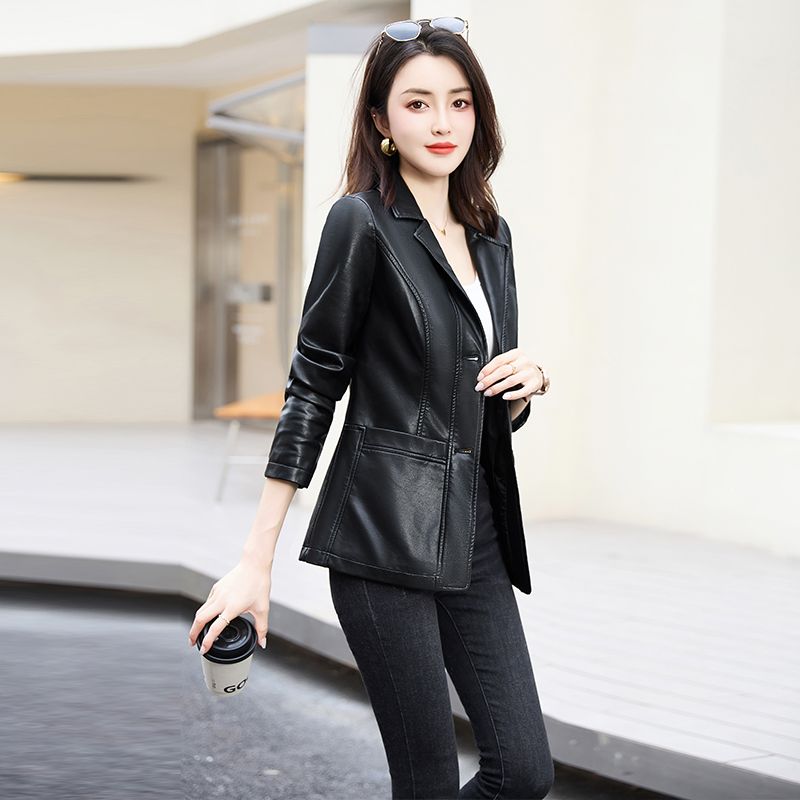 Spring and Autumn Women's Leather Jacket  New Jacket Slim Waist Fashionable Slim Mid-Length Motorcycle Jacket