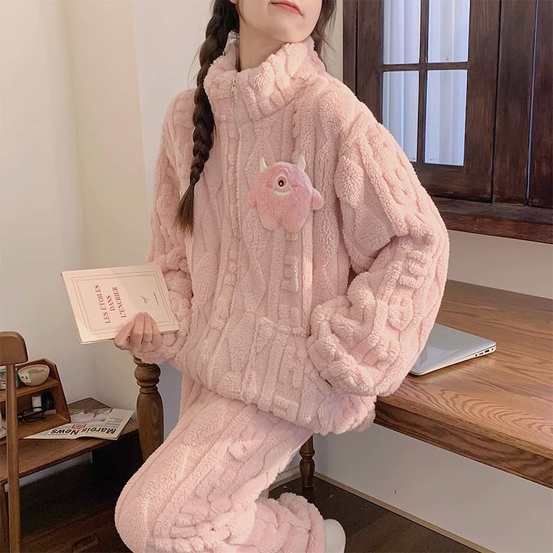睡衣女秋冬季珊瑚絨加厚加絨2023年新款拉鏈法蘭絨冬天家居服套裝