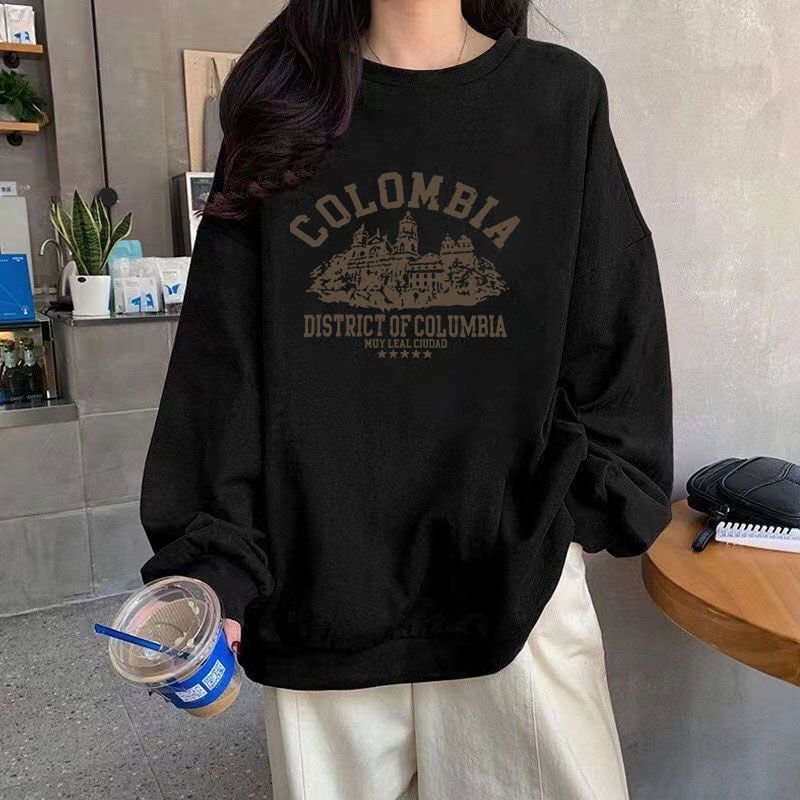 100%純棉圓領衛衣女學生春秋季韓版寬鬆簡約印花外穿長袖上衣薄款