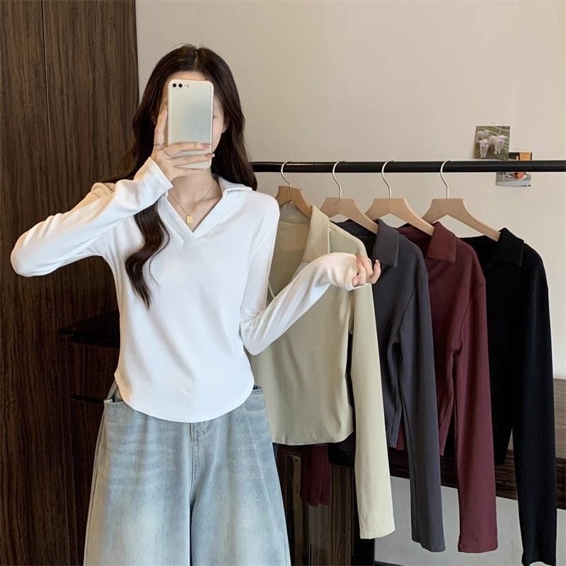大碼純色百搭v領長袖T恤女2023秋季新款簡約胖mm遮肉顯瘦內搭上衣