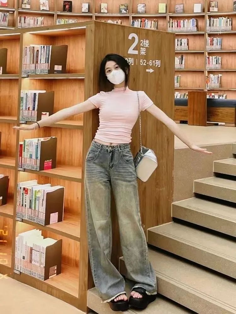 美式復古黃泥色闊腿牛仔褲女2023秋季新款高腰寬鬆顯瘦直筒拖地褲