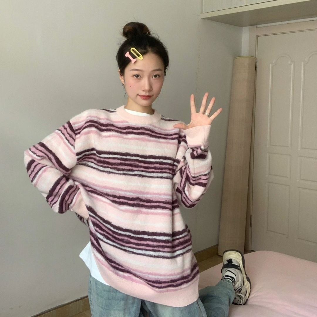 慵懶風條紋毛衣女秋冬2023新款寬鬆小個子溫柔軟糯套頭針織衫上衣