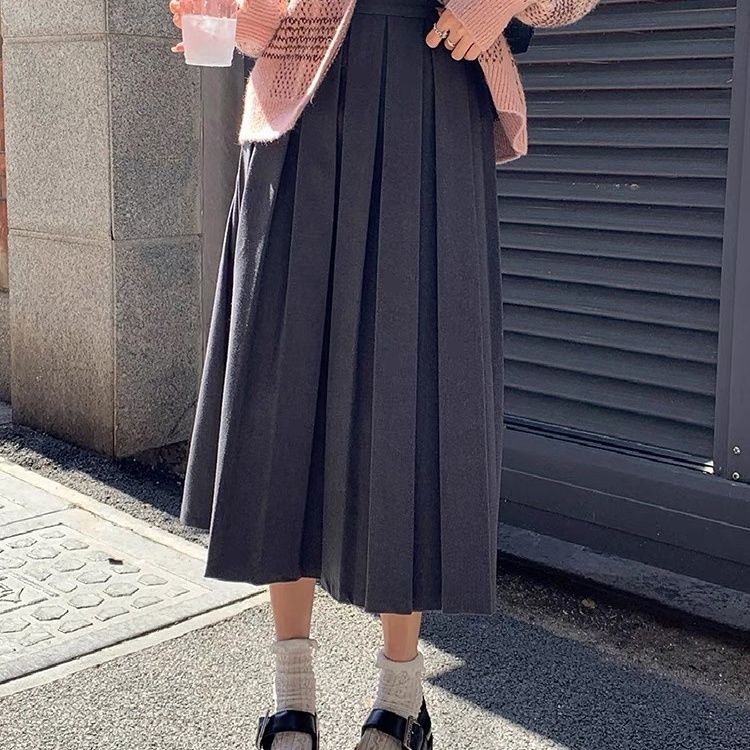 Gray pleated skirt women's mid-length skirt autumn and winter 2023 new high-waist slim a-line skirt small skirt umbrella skirt