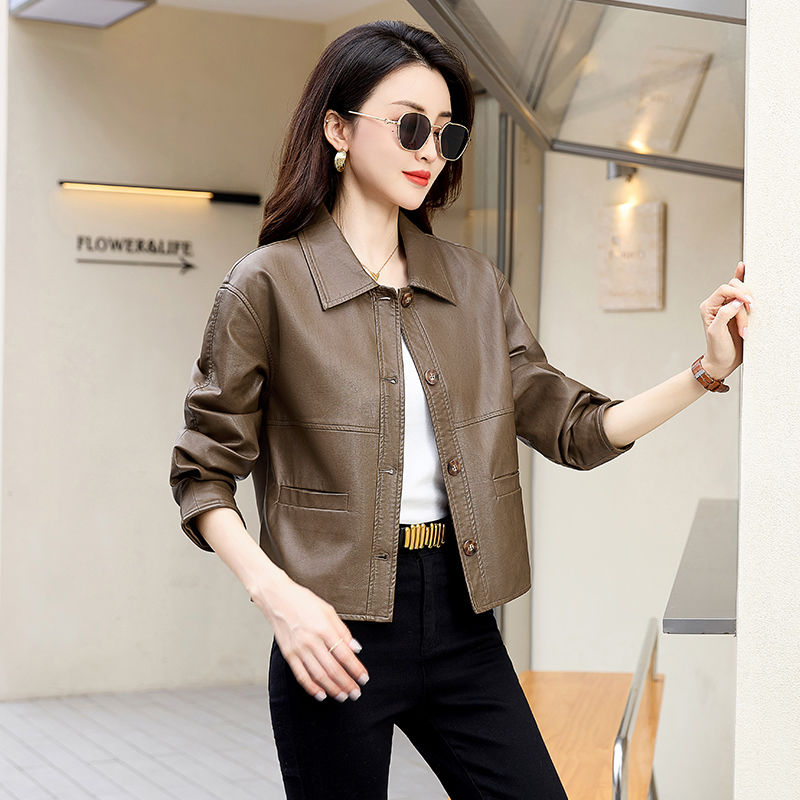 High-end Spring and Autumn Women's Short Leather Jacket  New Loose Lapel Long Sleeve Fashion Motorcycle Leather Jacket