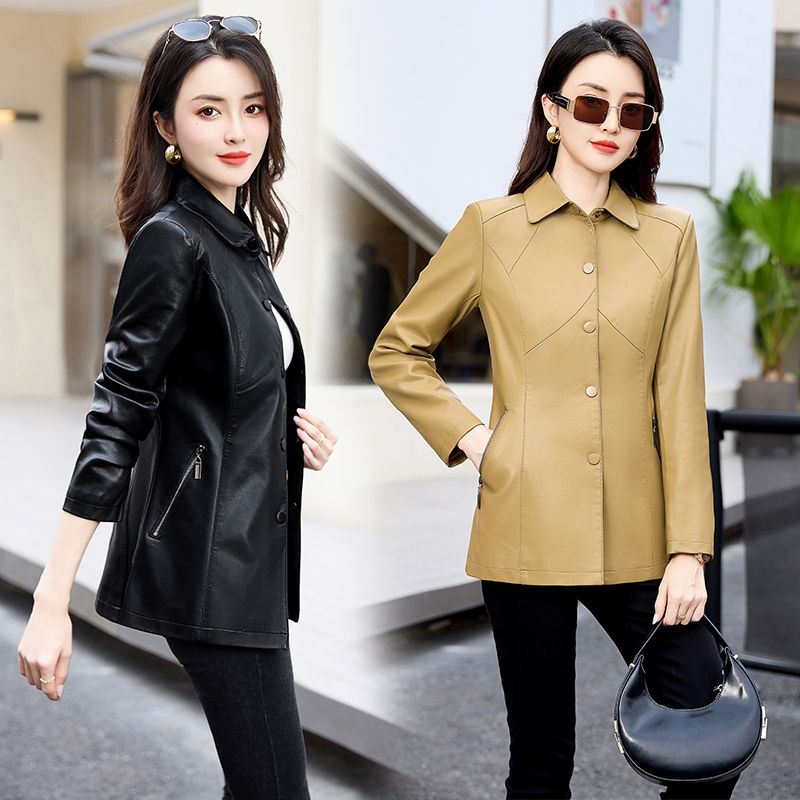 Haining high-end leather coat lapel autumn and winter women's coat mid-length slim fit  new leather jacket