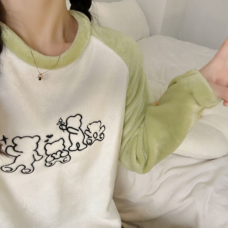 珊瑚絨睡衣女士秋冬季加厚加絨學生圓領卡通少女法蘭絨家居服套裝