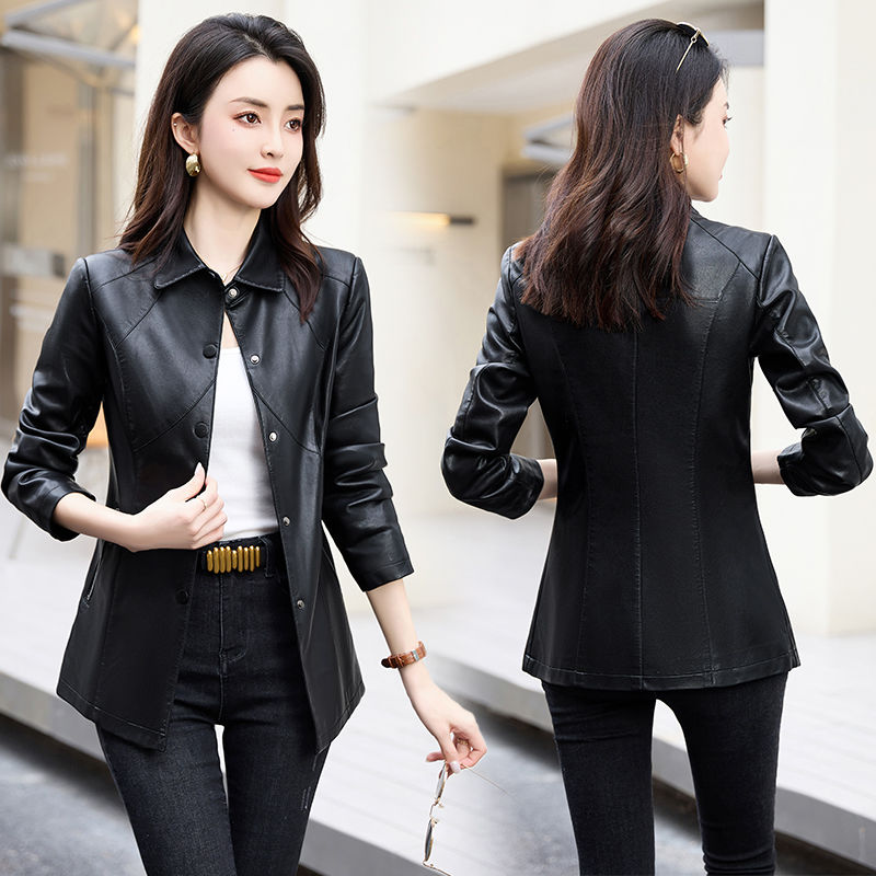 Haining high-end leather coat lapel autumn and winter women's coat mid-length slim fit  new leather jacket