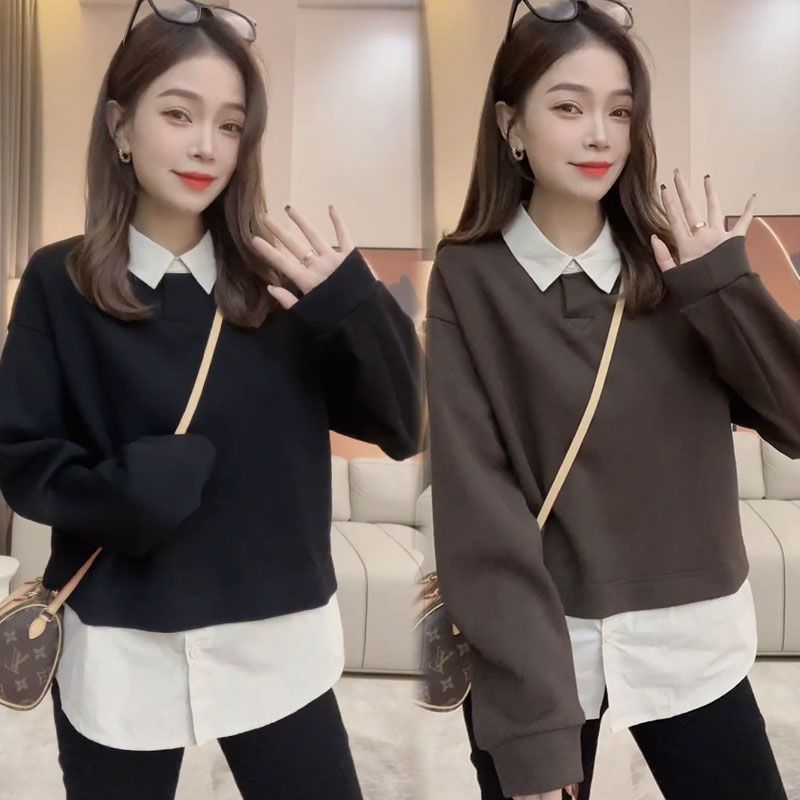 藍海奕諾假兩件襯衫衛衣女2023秋季新款爆款設計感小眾顯瘦上衣