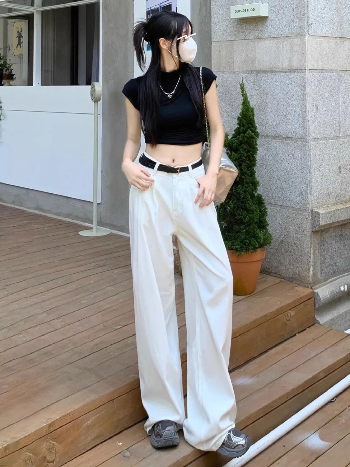 美式高街白色高腰闊腿牛仔褲女2023秋季寬鬆百搭顯瘦垂感拖地褲子