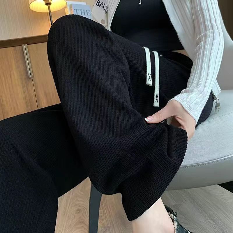 Imitation cashmere narrow wide-leg pants plus velvet thickened women's 2023 autumn and winter new high-waist drape knitted casual glutinous rice pants