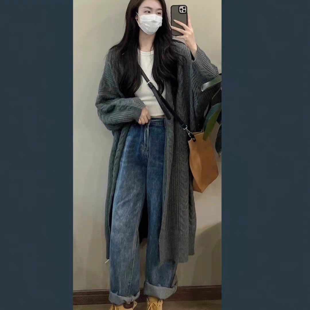 灰色麻花毛衣外套女秋冬季穿搭慵懶高級感中長款針織開衫寬鬆加厚