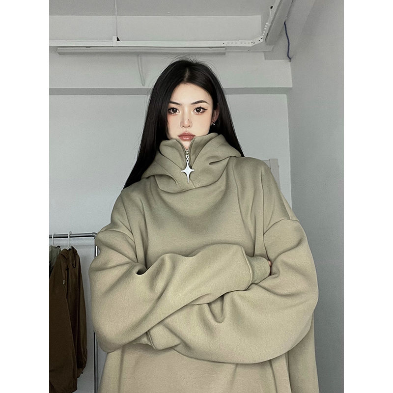 美式高街潮牌假兩件高領連帽衛衣男女春秋款hiphop設計感小眾外套