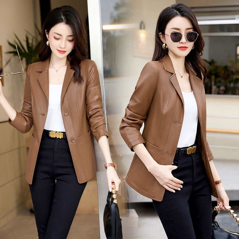 Spring and Autumn Women's Leather Jacket  New Jacket Slim Waist Fashionable Slim Mid-Length Motorcycle Jacket