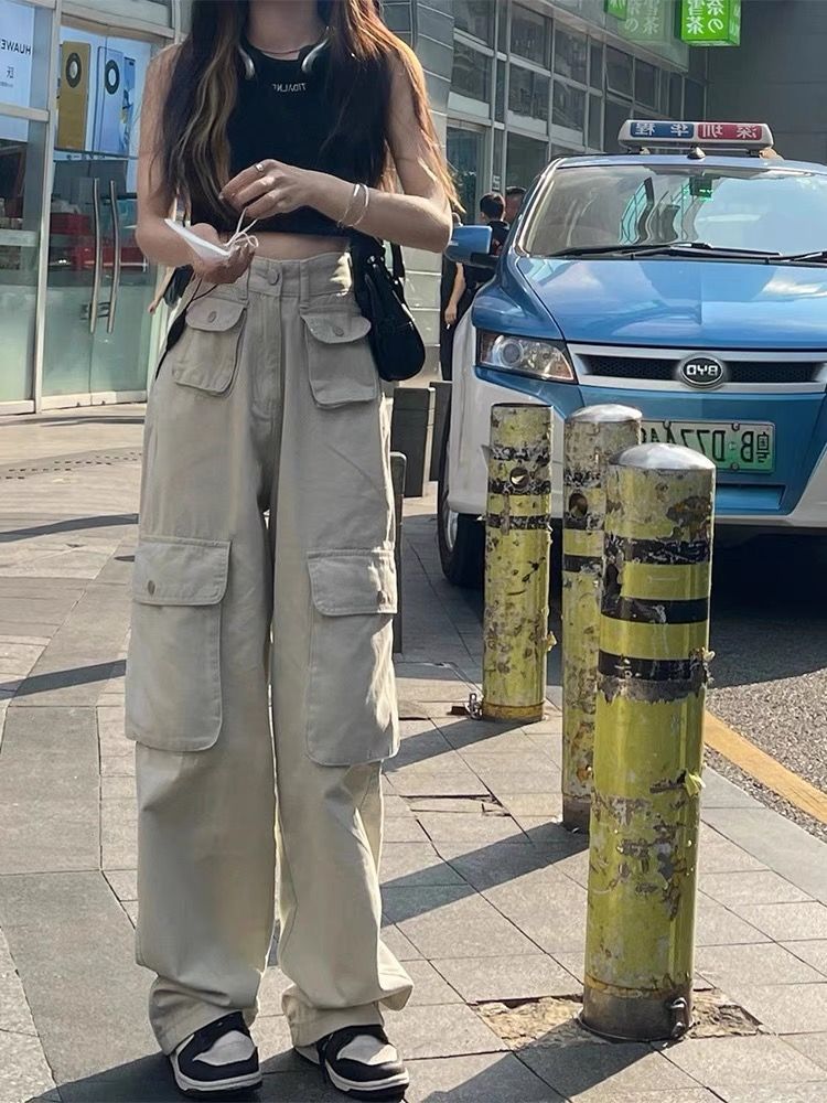 復古美式工裝褲沙白色女秋冬高腰寬鬆休閒設計感小眾闊腿拖地褲子
