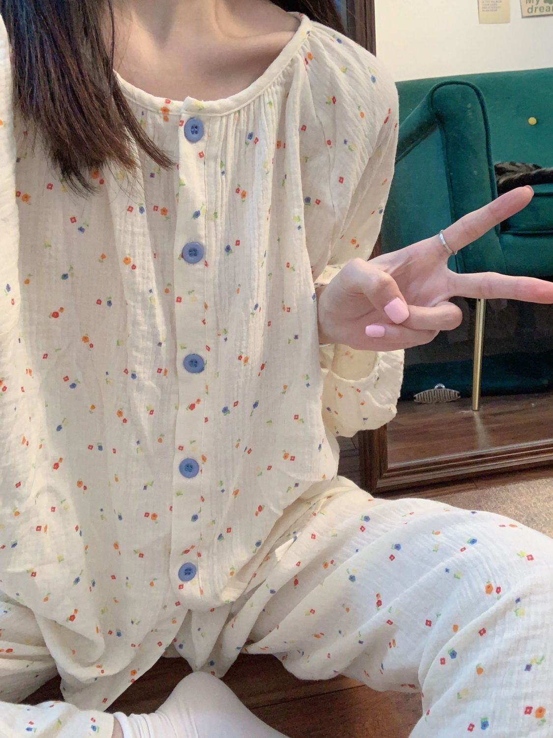 ins風甜美清新碎花睡衣女春秋季新款網紅風長袖高顏值家居服套裝