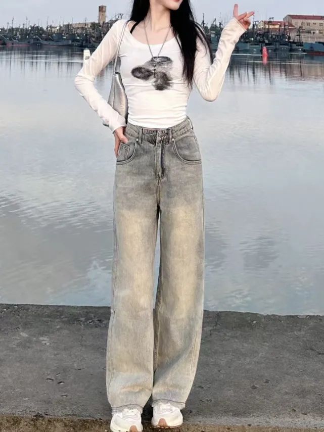 美式毛邊闊腿牛仔褲女2023年新款寬鬆直筒高腰顯瘦復古垂感拖地褲