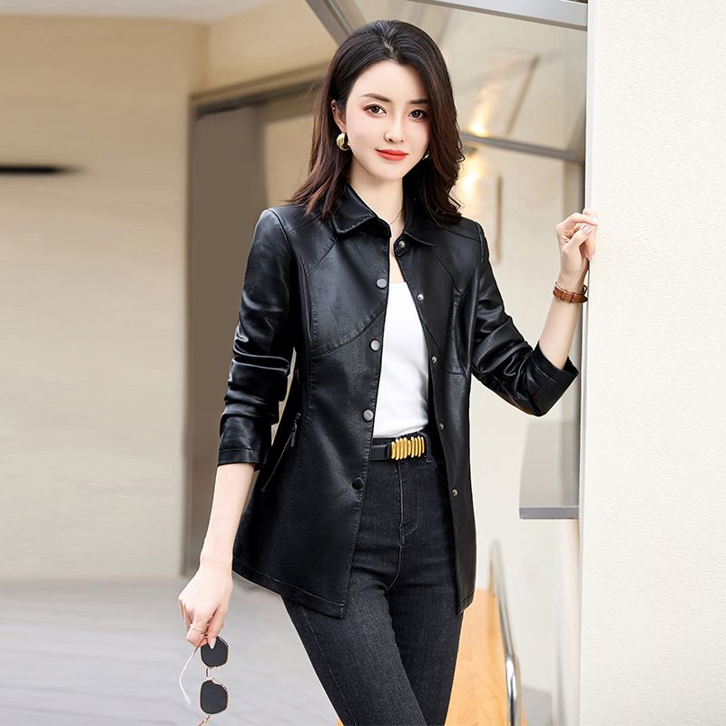 Haining high-end leather coat lapel autumn and winter women's coat mid-length slim fit  new leather jacket