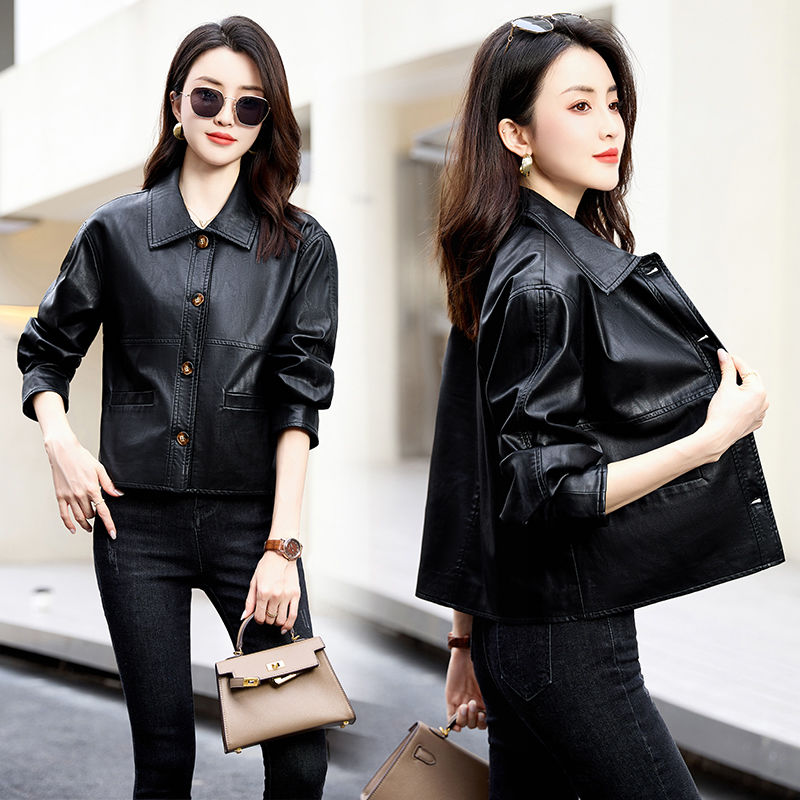 High-end Spring and Autumn Women's Short Leather Jacket  New Loose Lapel Long Sleeve Fashion Motorcycle Leather Jacket