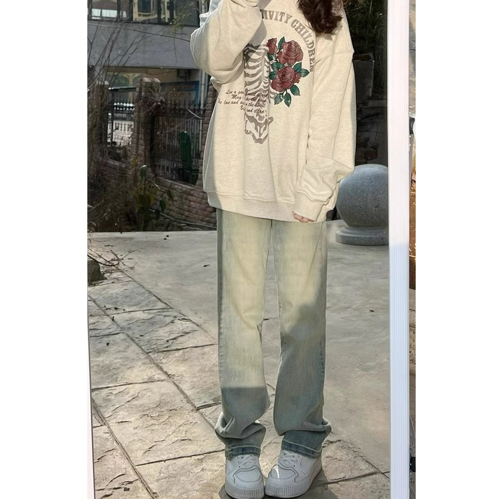 美式復古窄版闊腿牛仔褲女秋冬新款高腰顯瘦高街直筒彈力煙管褲子