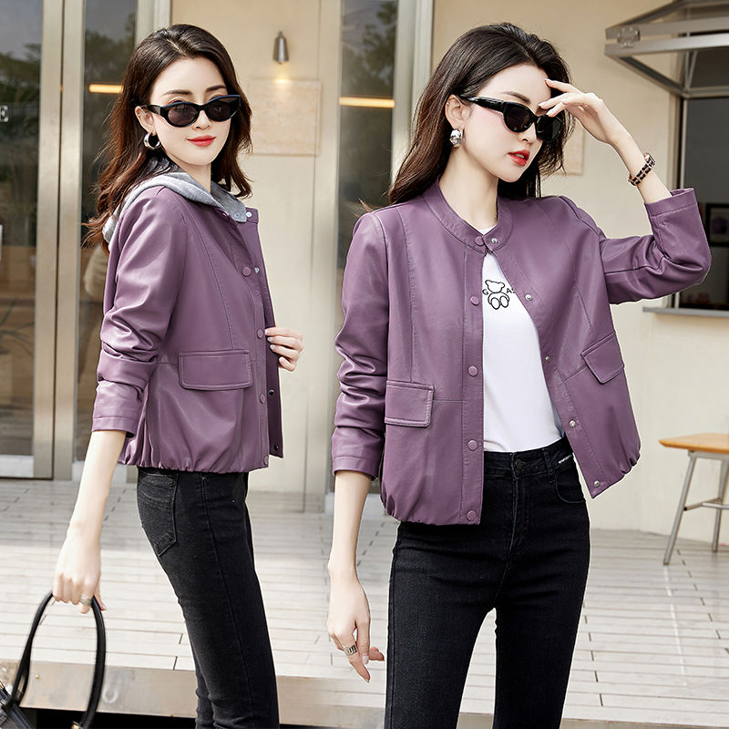 Leather jacket for women, short, versatile, slimming, small characters,  new Haining high-end and high-end motorcycle wear