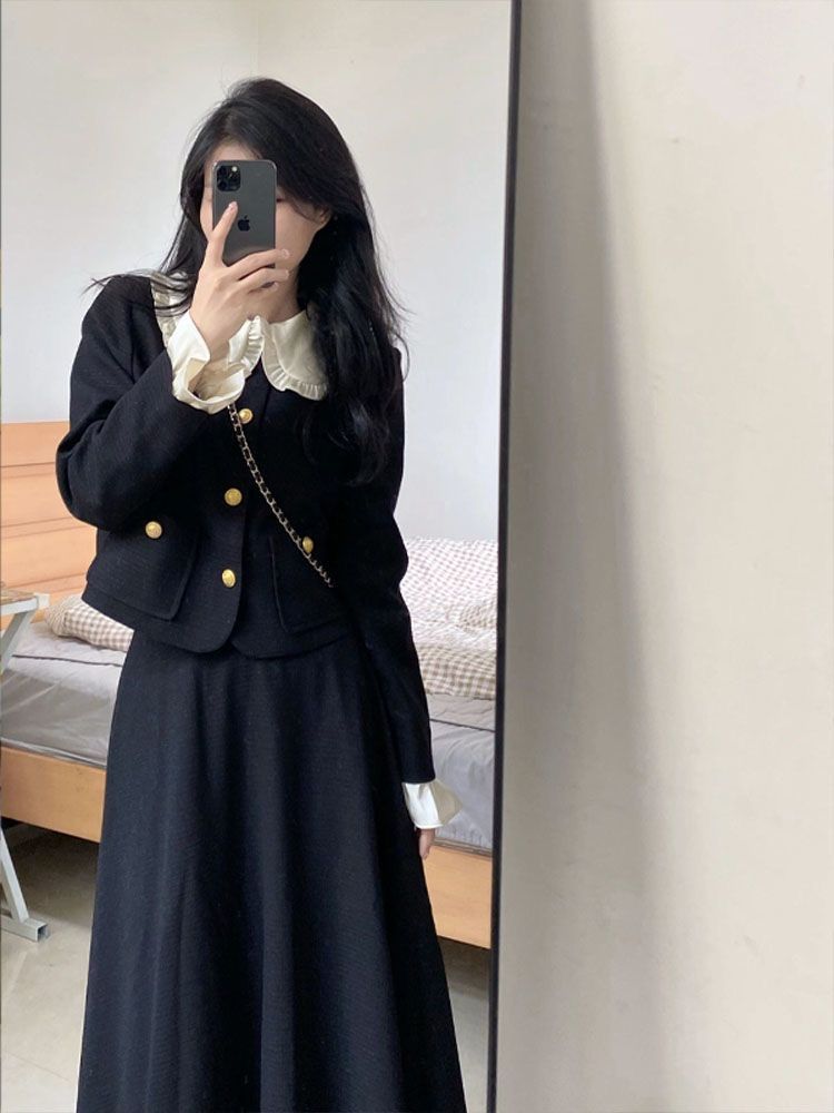 秋季新款優雅赫本小香風套裝女黑白撞色假兩件外套半身裙兩件套潮