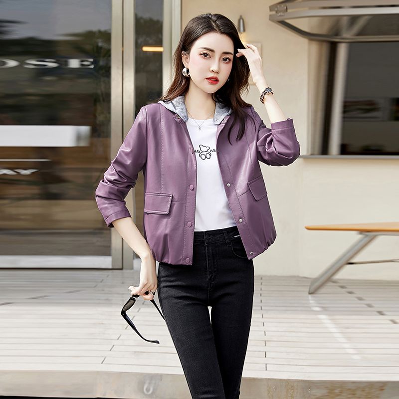 Leather jacket for women, short, versatile, slimming, small characters,  new Haining high-end and high-end motorcycle wear