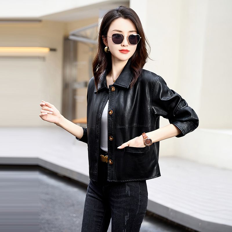 High-end Spring and Autumn Women's Short Leather Jacket  New Loose Lapel Long Sleeve Fashion Motorcycle Leather Jacket