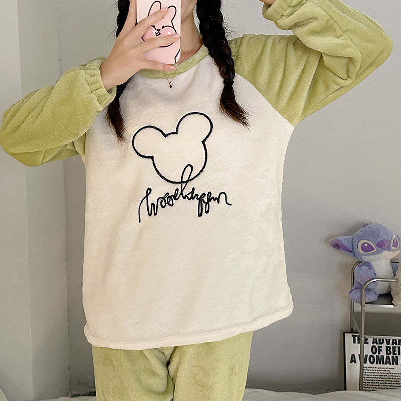 珊瑚絨睡衣女士秋冬季加厚加絨學生圓領卡通少女法蘭絨家居服套裝