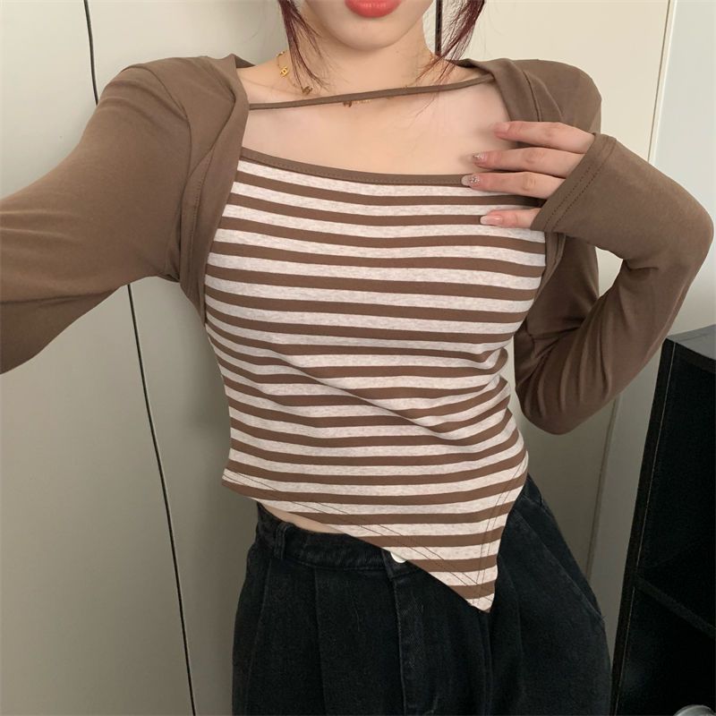 不規則假兩件方領長袖T恤女早秋新款純欲辣妹條紋打底衫秋裝上衣