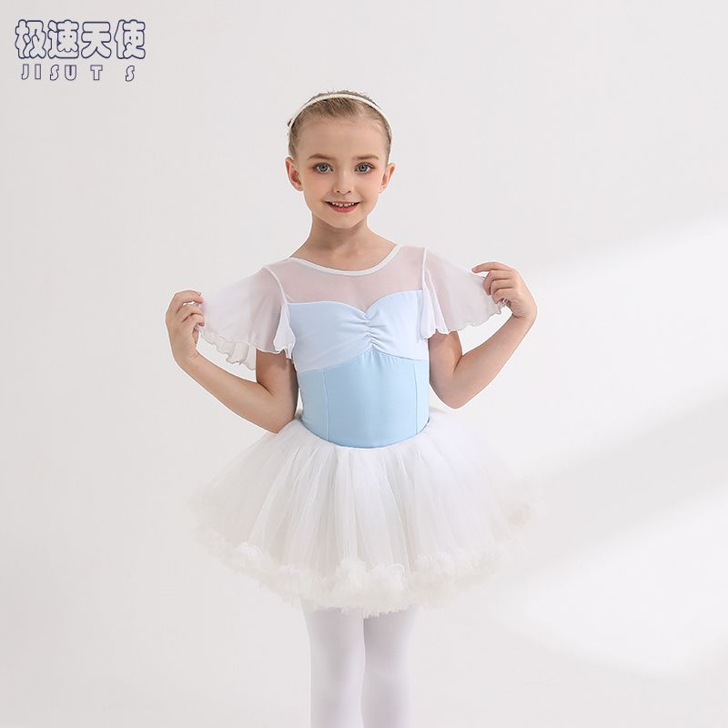 兒童舞蹈服夏季無袖蕾絲韓版女童練功服藍色純棉幼兒芭蕾舞裙子
