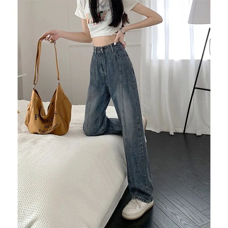 美式復古高街牛仔褲女2023秋季新款高腰寬鬆顯瘦直筒闊腿拖地褲潮