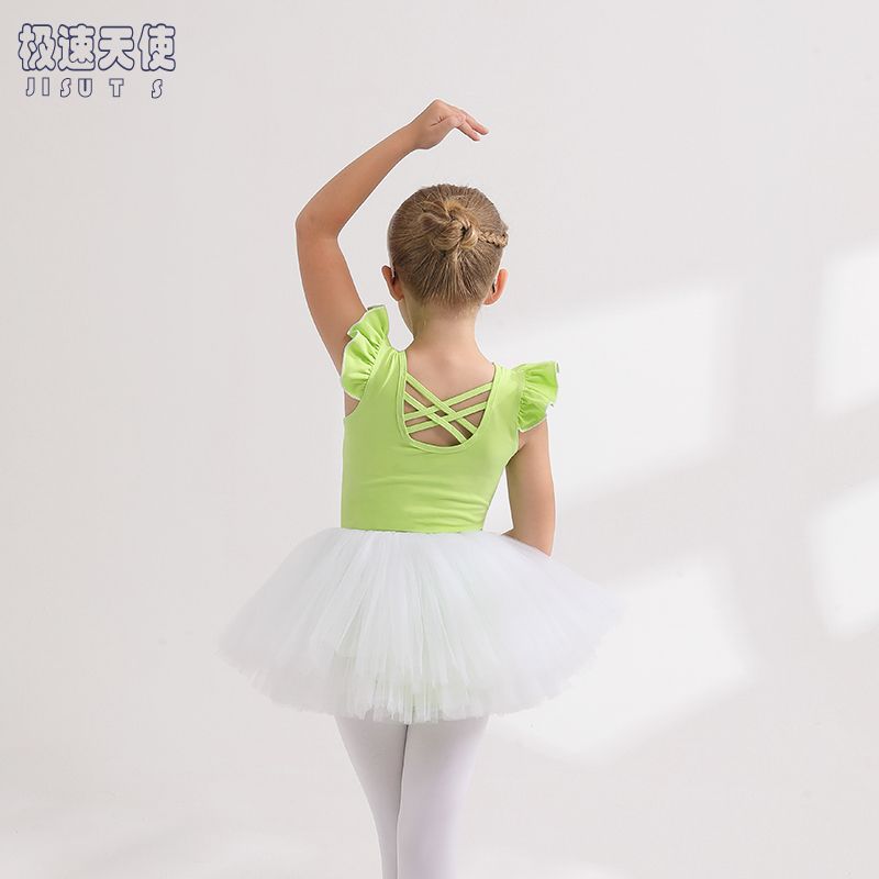 兒童舞蹈服夏季無袖純棉綠色女童練功服幼兒芭蕾舞裙考級韓版新款