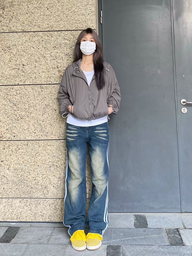 復古美式水洗做舊寬鬆直筒牛仔褲女潮牌三條槓條紋垂感拖地闊腿褲