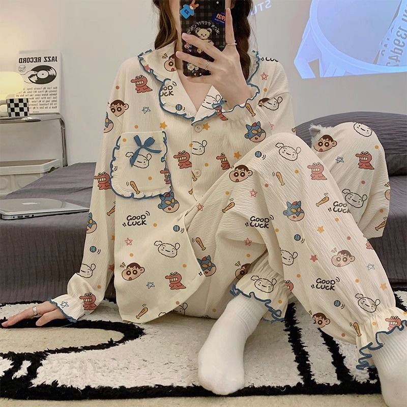睡衣女純棉長袖春秋夏季2023年新款蠟筆小新網紅風冬款家居服套裝