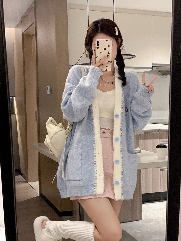 韓版V領刺繡小香風毛衣外套女秋季寬鬆百搭軟糯氣質顯瘦針織開衫
