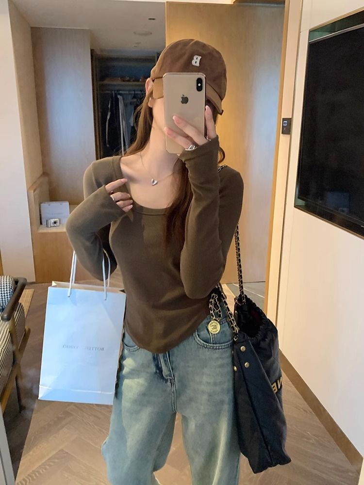 法式復古純欲方領長袖T恤打底衫春裝ins風洋氣個性新款女內搭上衣